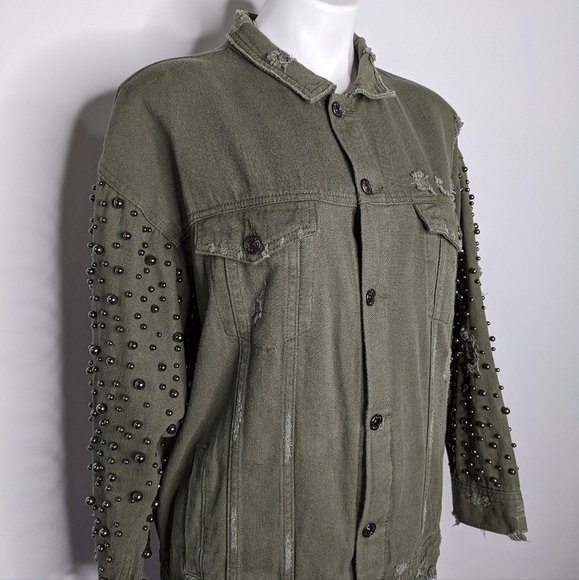 Sunset + Spring green denim grey bead boho oversized jean jacket L - Picture 4 of 5